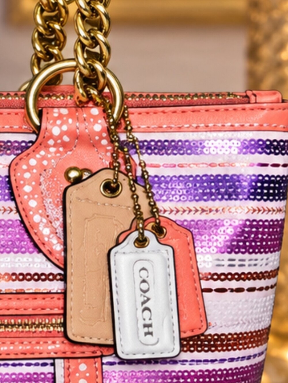 Coach Poppy Sequin Stripe Tote 23843 Orange Purple Gold Chain Y2K Style - Picture 2 of 5